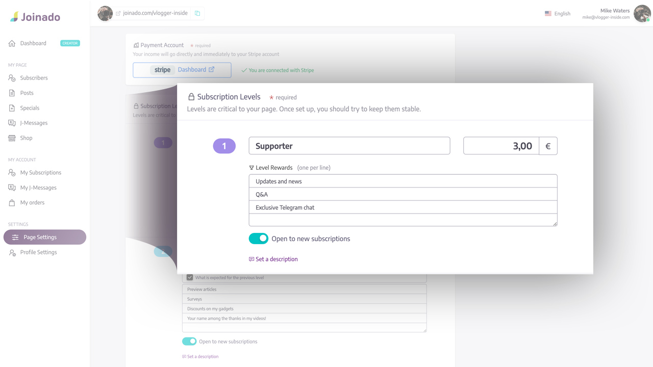 Joinado: Subscription levels - Make the experience of your supporters unique
